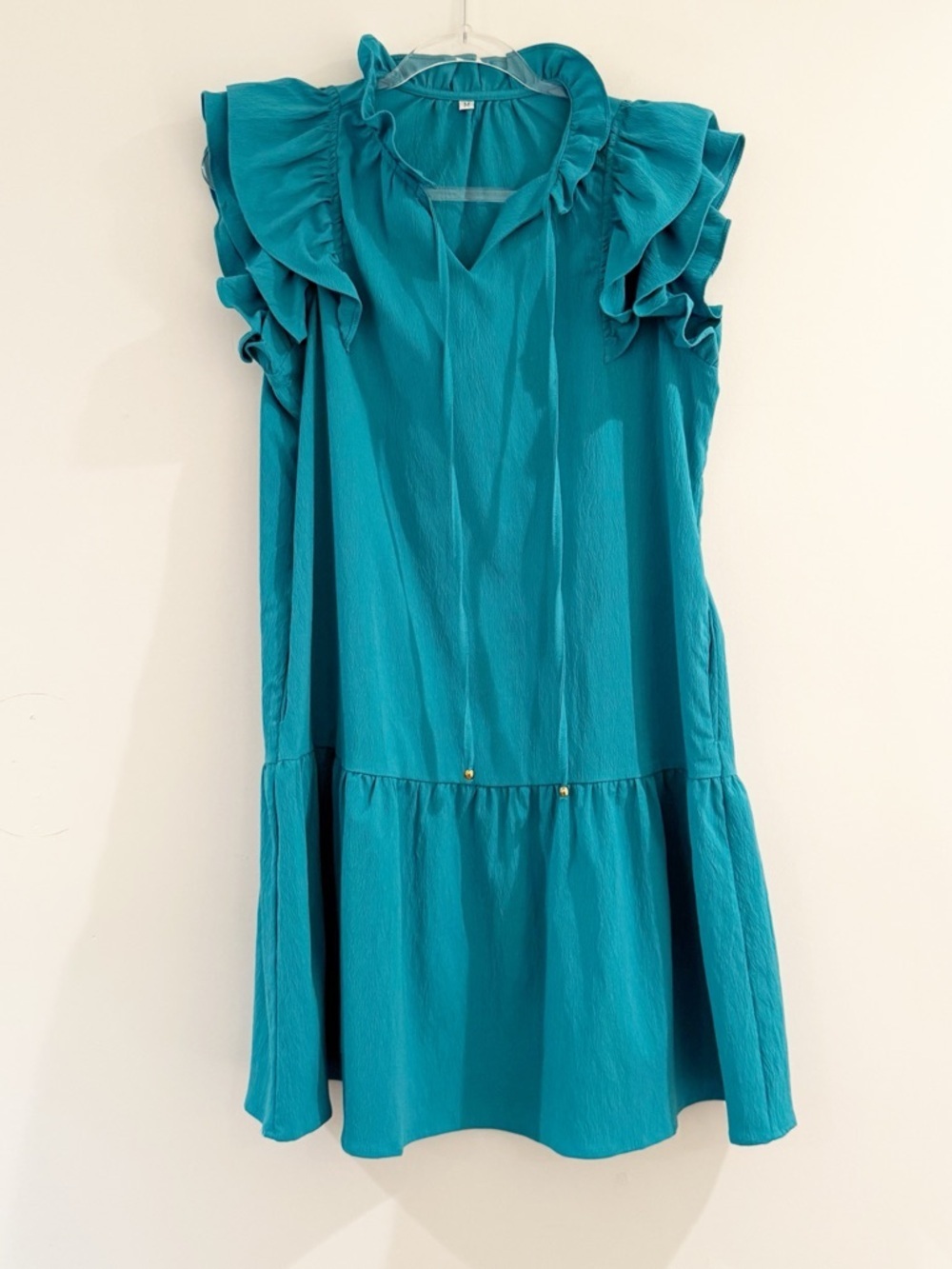 Women’s V-Neck Drawstring Ruffle Cap Sleeve Dress - Picture 2 of 8